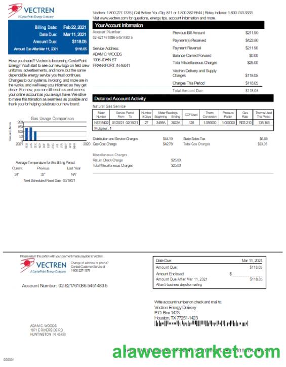 USA VECTREN utility bill Word and PDF template